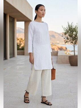 Eileen Fisher Organic Linen Long Sleeves Tunic  White Size 1X Lagenlook